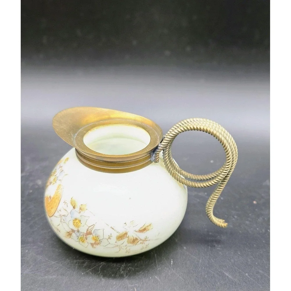 Antique CF Monroe Co Creamer Mini Pitcher Glass Blue Flowers Gold Scroll